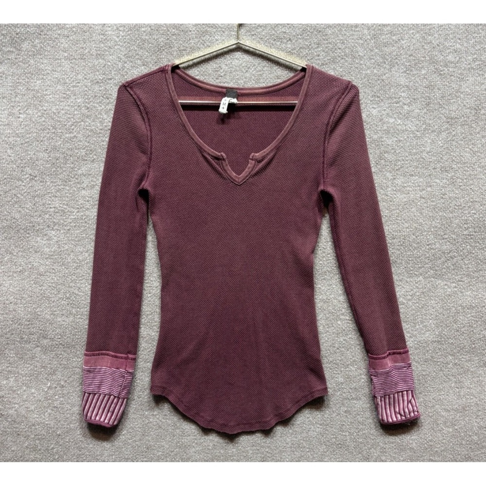 We The Free People Kyoto Cuff Thermal Top Womens Med Maroon Cotton Long Sleeve